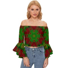 Peacock Lace So Tropical Off Shoulder Flutter Bell Sleeve Top by pepitasart