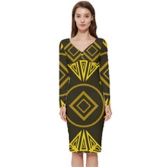 Abstract Pattern Geometric Backgrounds   Long Sleeve V-neck Bodycon Dress  by Eskimos