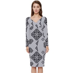 Abstract Pattern Geometric Backgrounds   Long Sleeve V-neck Bodycon Dress 