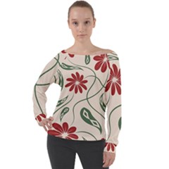  Folk Flowers Floral Art Print Flowers Abstract Art  Off Shoulder Long Sleeve Velour Top by Eskimos