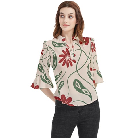  Folk Flowers Floral Art Print Flowers Abstract Art  Loose Horn Sleeve Chiffon Blouse by Eskimos