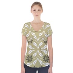 Folk Flowers Print Floral Pattern Ethnic Art Short Sleeve Front Detail Top by Eskimos