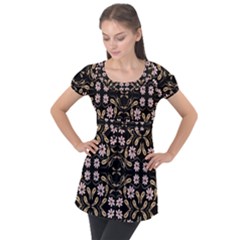 Folk Flowers Print Floral Pattern Ethnic Art Puff Sleeve Tunic Top by Eskimos