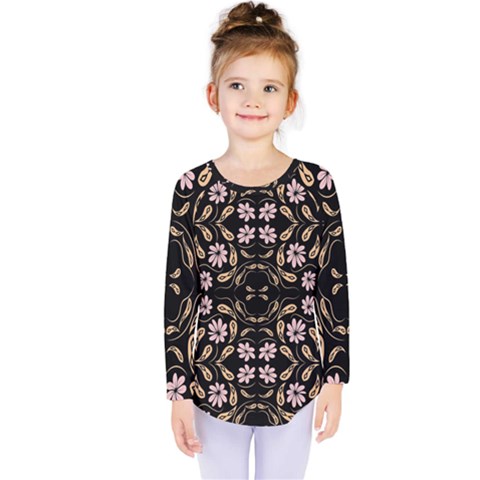 Folk Flowers Print Floral Pattern Ethnic Art Kids  Long Sleeve Tee by Eskimos