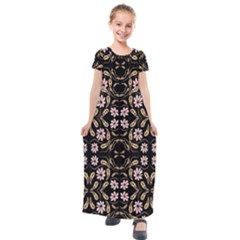 Folk Flowers Print Floral Pattern Ethnic Art Kids  Short Sleeve Maxi Dress by Eskimos