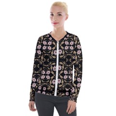 Folk Flowers Print Floral Pattern Ethnic Art Velvet Zip Up Jacket by Eskimos