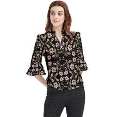 Folk Flowers Print Floral Pattern Ethnic Art Loose Horn Sleeve Chiffon Blouse