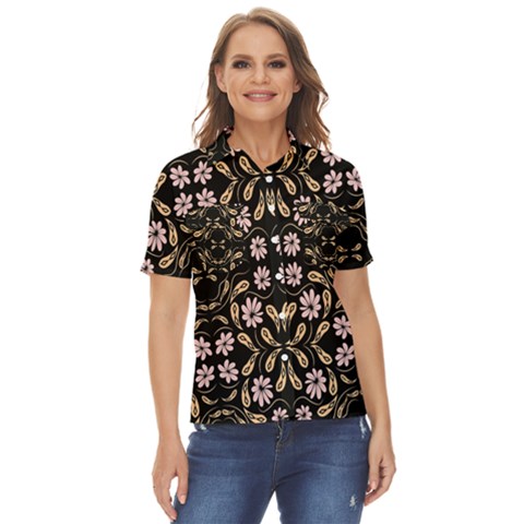 Folk Flowers Print Floral Pattern Ethnic Art Women s Short Sleeve Double Pocket Shirt by Eskimos