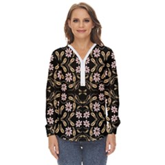 Folk Flowers Print Floral Pattern Ethnic Art Zip Up Long Sleeve Blouse