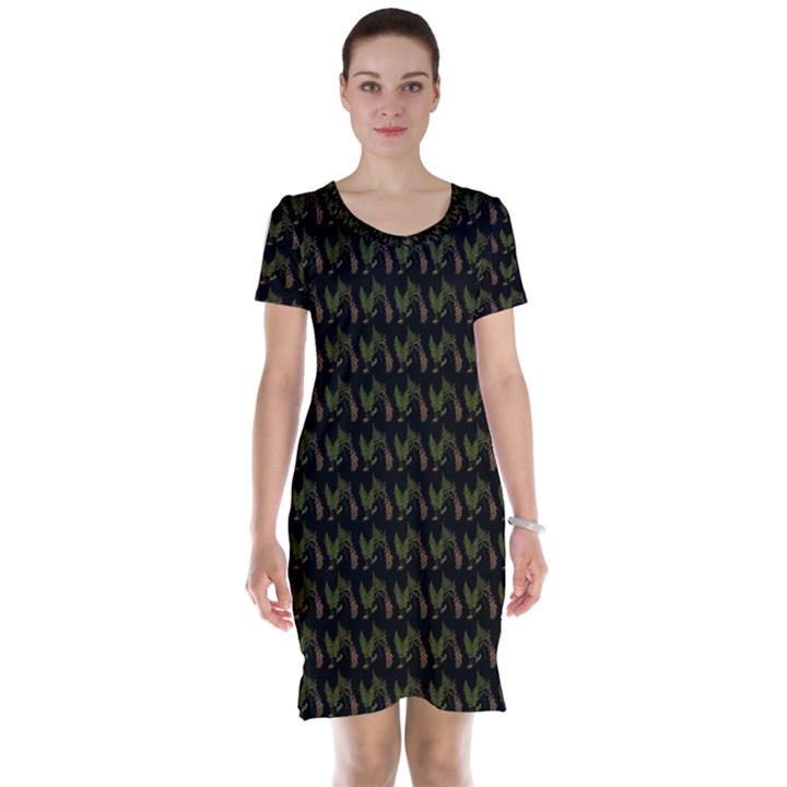 Fern Pattern 2 Black Short Sleeve Nightdress