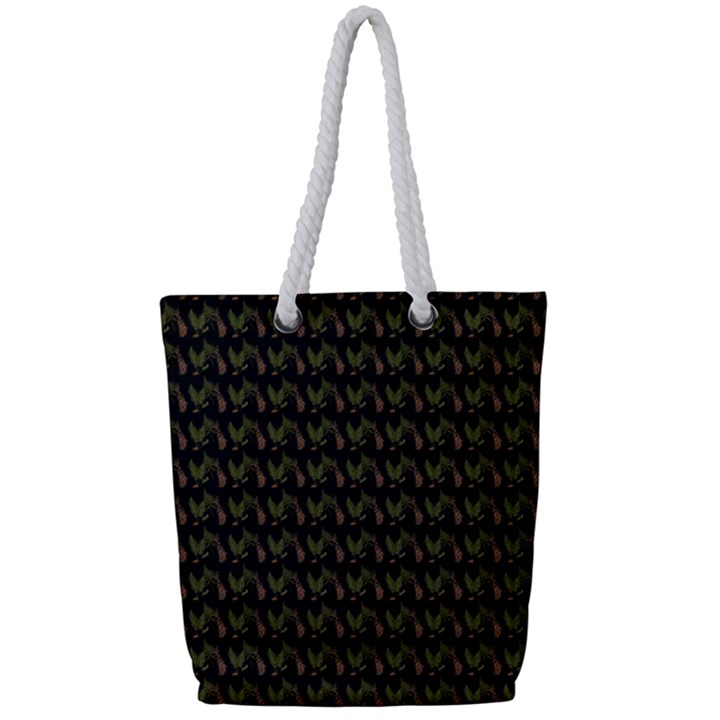 Fern Pattern 2 Black Full Print Rope Handle Tote (Small)