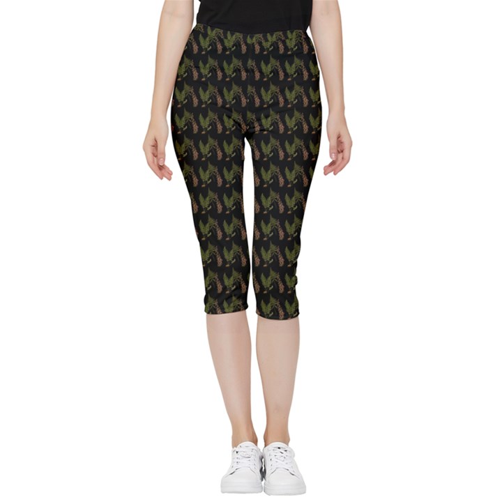 Fern Pattern 2 Black Inside Out Lightweight Velour Capri Leggings 