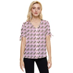 Fern Pattern 2 Pink Bow Sleeve Button Up Top