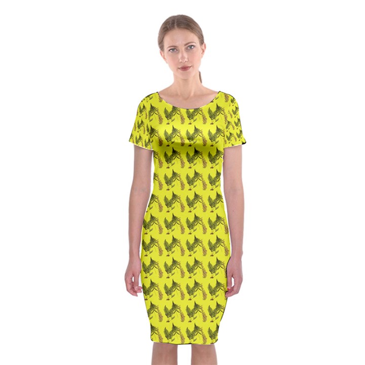 Fern Pattern 2 Yellow Classic Short Sleeve Midi Dress