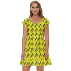 Fern Pattern 2 Yellow Short Sleeve Tiered Mini Dress