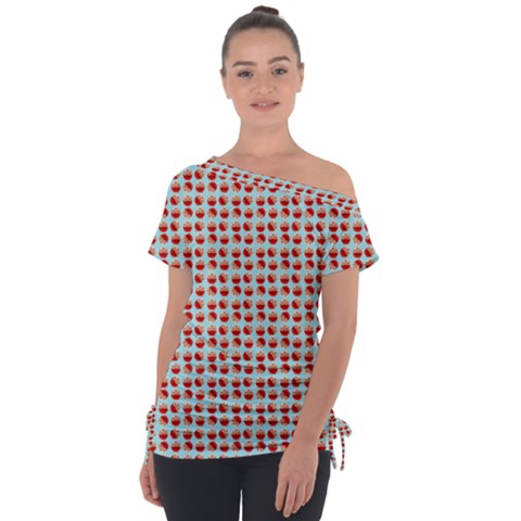 Kawaii Jam Pattern Aqua Off Shoulder Tie-up Tee by violetheavensky