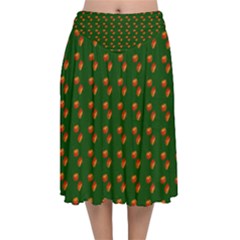 Kawaii Pumpkin Patt Green Velvet Flared Midi Skirt by violetheavensky