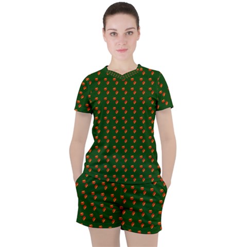 Kawaii Pumpkin Patt Green Women s Tee And Shorts Set by violetheavensky