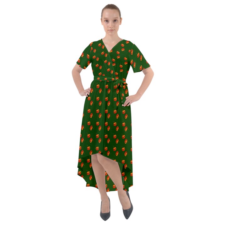 Kawaii Pumpkin Patt Green Front Wrap High Low Dress