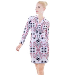 Folk Flowers Print Floral Pattern Ethnic Art Button Long Sleeve Dress by Eskimos