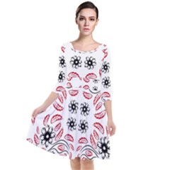 Folk Flowers Print Floral Pattern Ethnic Art Quarter Sleeve Waist Band Dress by Eskimos