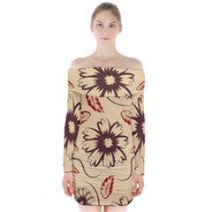 Folk Flowers Print Floral Pattern Ethnic Art Long Sleeve Off Shoulder Dress by Eskimos