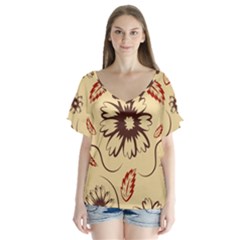 Folk Flowers Print Floral Pattern Ethnic Art V-neck Flutter Sleeve Top by Eskimos