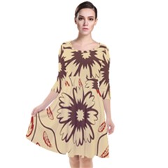 Folk Flowers Print Floral Pattern Ethnic Art Quarter Sleeve Waist Band Dress by Eskimos