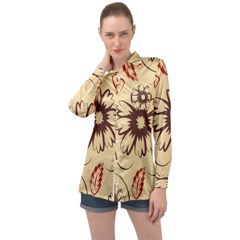 Folk Flowers Print Floral Pattern Ethnic Art Long Sleeve Satin Shirt by Eskimos