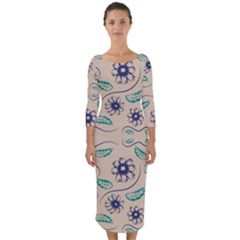 Folk Flowers Print Floral Pattern Ethnic Art Quarter Sleeve Midi Bodycon Dress by Eskimos