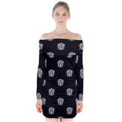 Tribal Mask Motif Drawing Pattern Long Sleeve Off Shoulder Dress