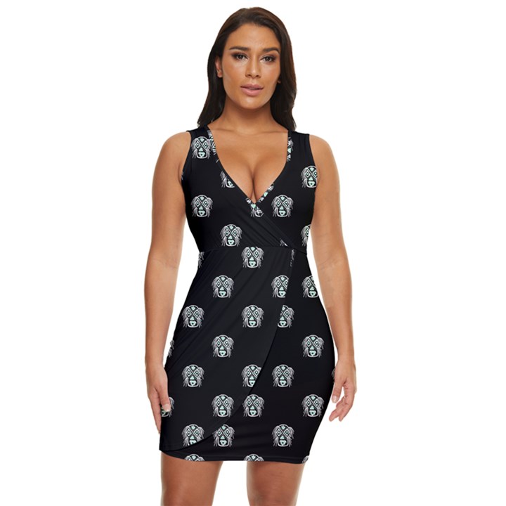 Tribal Mask Motif Drawing Pattern Draped Bodycon Dress