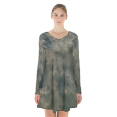 Algae Texture Patttern Long Sleeve Velvet V-neck Dress