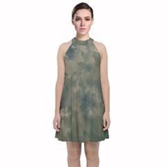 Algae Texture Patttern Velvet Halter Neckline Dress 