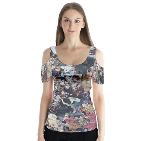 Multicolored Debris Texture Print Butterfly Sleeve Cutout Tee  by dflcprintsclothing