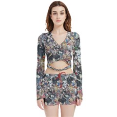 Multicolored Debris Texture Print Velvet Wrap Crop Top And Shorts Set by dflcprintsclothing