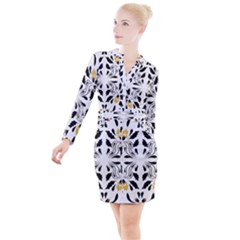 Folk Flowers Print Floral Pattern Ethnic Art Button Long Sleeve Dress by Eskimos