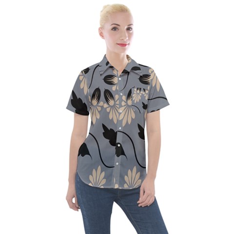 Folk Flowers Print Floral Pattern Ethnic Art Women s Short Sleeve Pocket Shirt by Eskimos