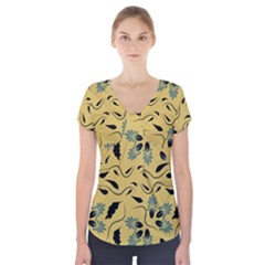 Folk Flowers Print Floral Pattern Ethnic Art Short Sleeve Front Detail Top by Eskimos