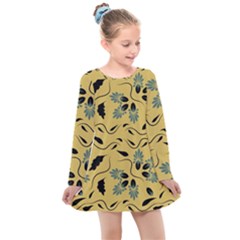 Folk Flowers Print Floral Pattern Ethnic Art Kids  Long Sleeve Dress by Eskimos