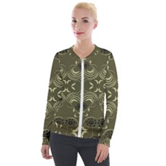 Folk Flowers Print Floral Pattern Ethnic Art Velvet Zip Up Jacket by Eskimos