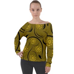 Folk Flowers Print Floral Pattern Ethnic Art Off Shoulder Long Sleeve Velour Top by Eskimos