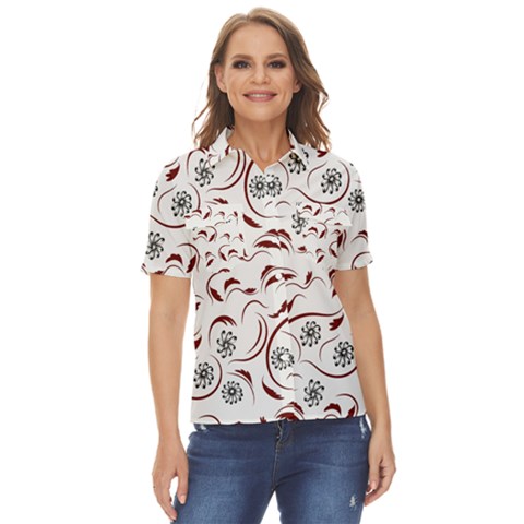 Folk Flowers Print Floral Pattern Ethnic Art Women s Short Sleeve Double Pocket Shirt by Eskimos