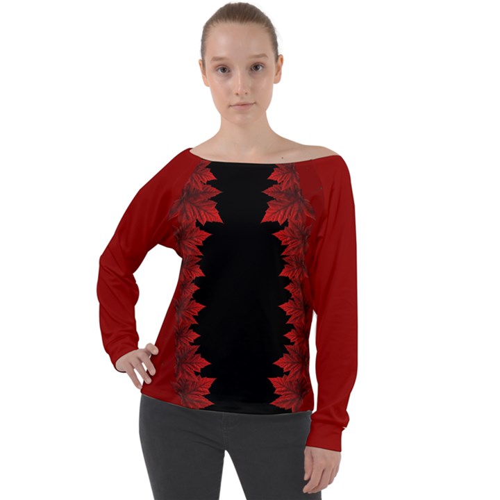 Canada Maple Leaves Off Shoulder Long Sleeve Velour Top