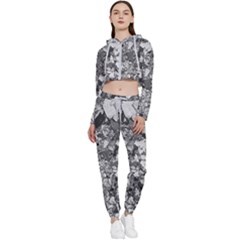 Black And White Debris Texture Print Cropped Zip Up Lounge Set