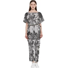 Black And White Debris Texture Print Batwing Lightweight Chiffon Jumpsuit