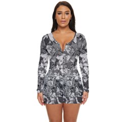 Black And White Debris Texture Print Long Sleeve Boyleg Swimsuit