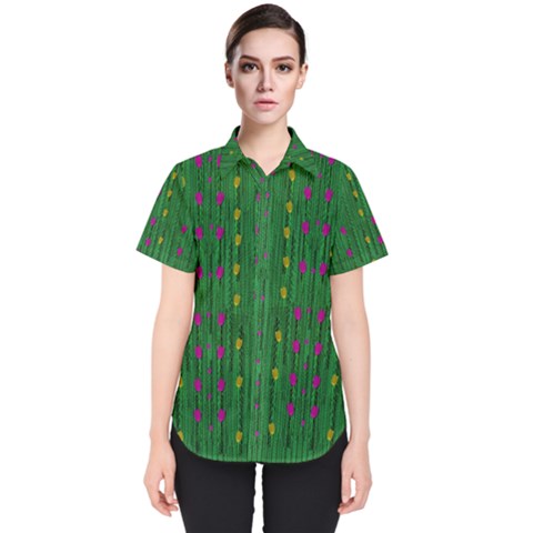 Forest Tulips Groowing To Reach The Divine Sky Pop-culture Women s Short Sleeve Shirt by pepitasart