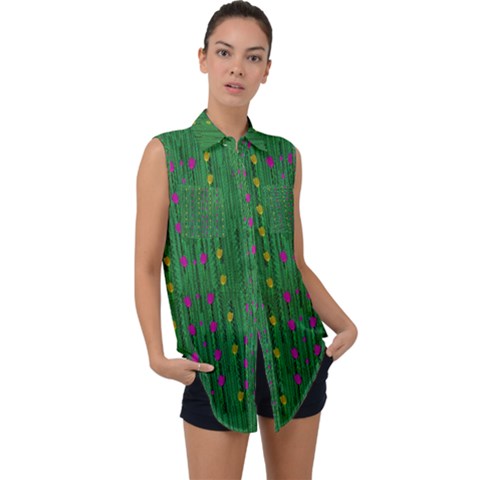 Forest Tulips Groowing To Reach The Divine Sky Pop-culture Sleeveless Chiffon Button Shirt by pepitasart