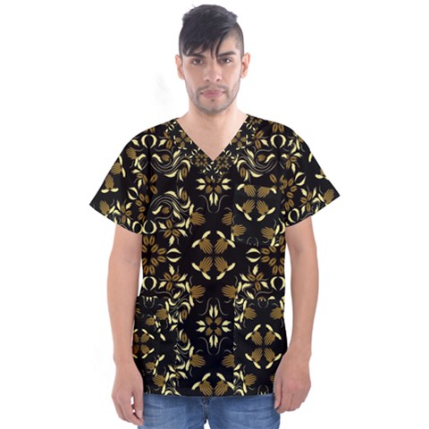 Folk Flowers Print Floral Pattern Ethnic Art Men s V-neck Scrub Top by Eskimos